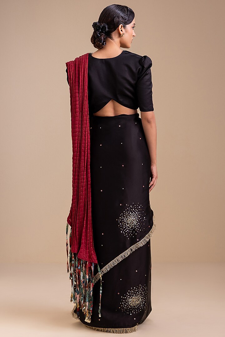 Black & Maroon Satin & Silk Pre-Draped Wedding Saree Set by AAMRA BY LAVANYA at Pernia's Pop Up Shop