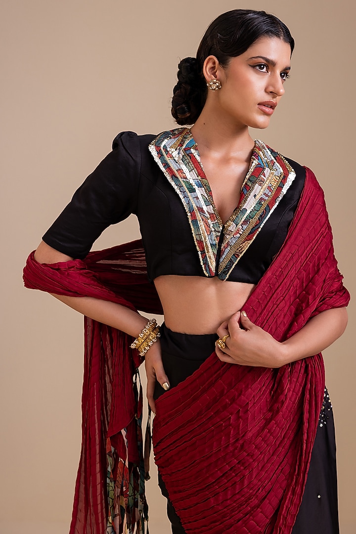 Black & Maroon Satin & Silk Pre-Draped Wedding Saree Set by AAMRA BY LAVANYA at Pernia's Pop Up Shop