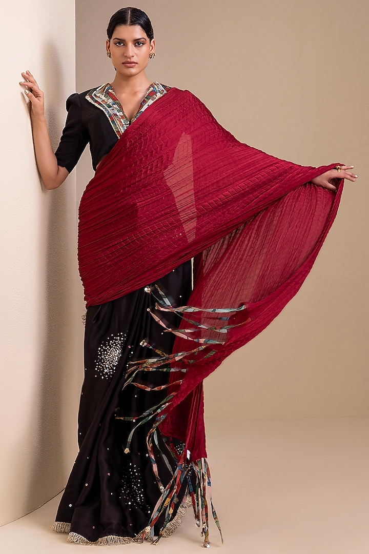 Black & Maroon Satin & Silk Pre-Draped Wedding Saree Set by AAMRA BY LAVANYA at Pernia's Pop Up Shop