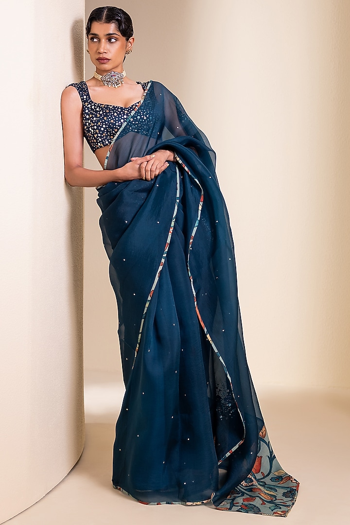 Peacock-Blue Organza 3D Floral Embroidered Wedding Saree Set by AAMRA BY LAVANYA at Pernia's Pop Up Shop
