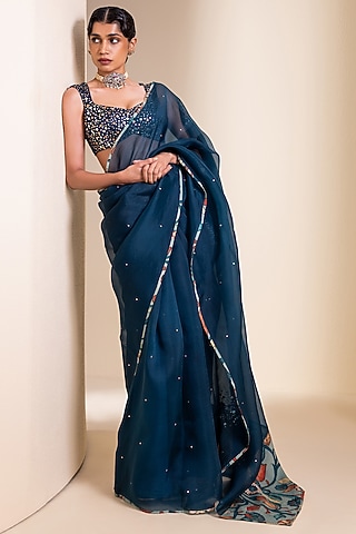 Peacock-Blue Organza 3D Floral Embroidered Saree Set by AAMRA BY LAVANYA