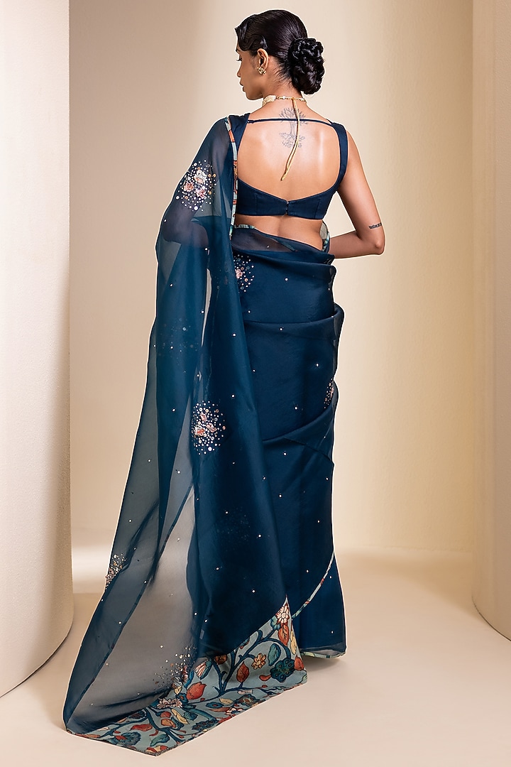 Peacock-Blue Organza 3D Floral Embroidered Wedding Saree Set by AAMRA BY LAVANYA at Pernia's Pop Up Shop