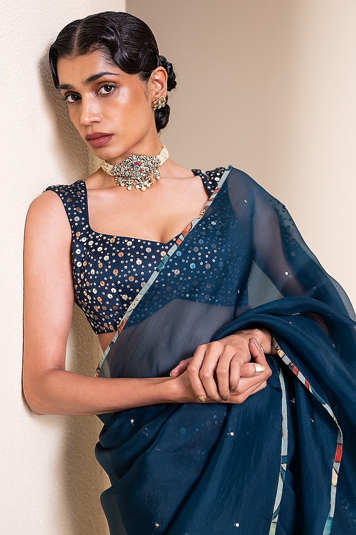 Peacock-Blue Organza 3D Floral Embroidered Wedding Saree Set by AAMRA BY LAVANYA at Pernia's Pop Up Shop