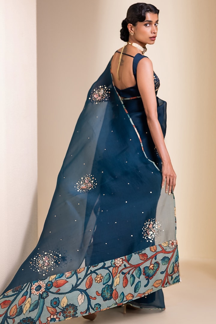 Peacock-Blue Organza 3D Floral Embroidered Wedding Saree Set by AAMRA BY LAVANYA at Pernia's Pop Up Shop