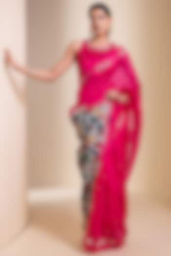 Hot Pink Organza Kalamkari Embroidered Wedding Saree Set by AAMRA BY LAVANYA at Pernia's Pop Up Shop