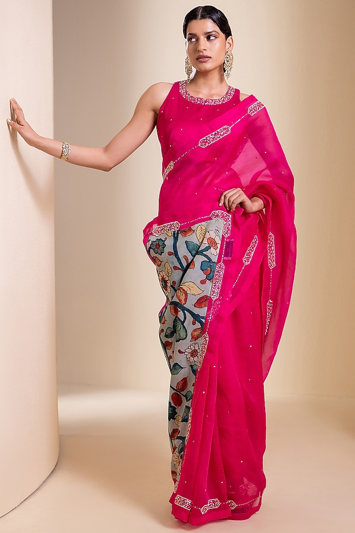 Hot Pink Organza Kalamkari Embroidered Wedding Saree Set by AAMRA BY LAVANYA at Pernia's Pop Up Shop