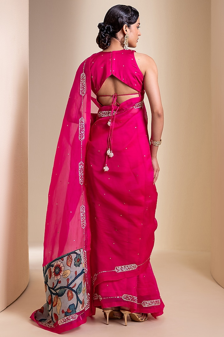Hot Pink Organza Kalamkari Embroidered Wedding Saree Set by AAMRA BY LAVANYA at Pernia's Pop Up Shop