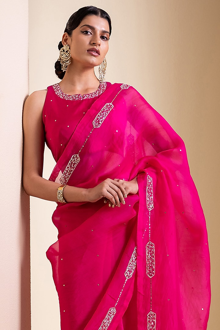 Hot Pink Organza Kalamkari Embroidered Wedding Saree Set by AAMRA BY LAVANYA at Pernia's Pop Up Shop