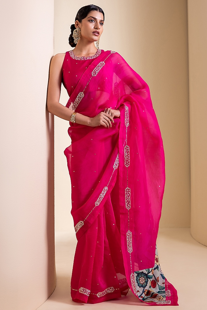 Hot Pink Organza Kalamkari Embroidered Wedding Saree Set by AAMRA BY LAVANYA at Pernia's Pop Up Shop