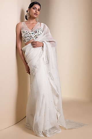 Ivory Organza 3D Floral Embroidered Saree Set by AAMRA BY LAVANYA