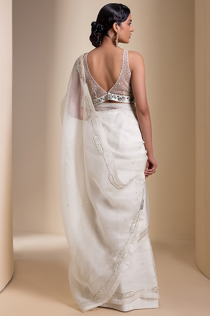 Ivory Organza 3D Floral Embroidered Wedding Saree Set by AAMRA BY LAVANYA at Pernia's Pop Up Shop