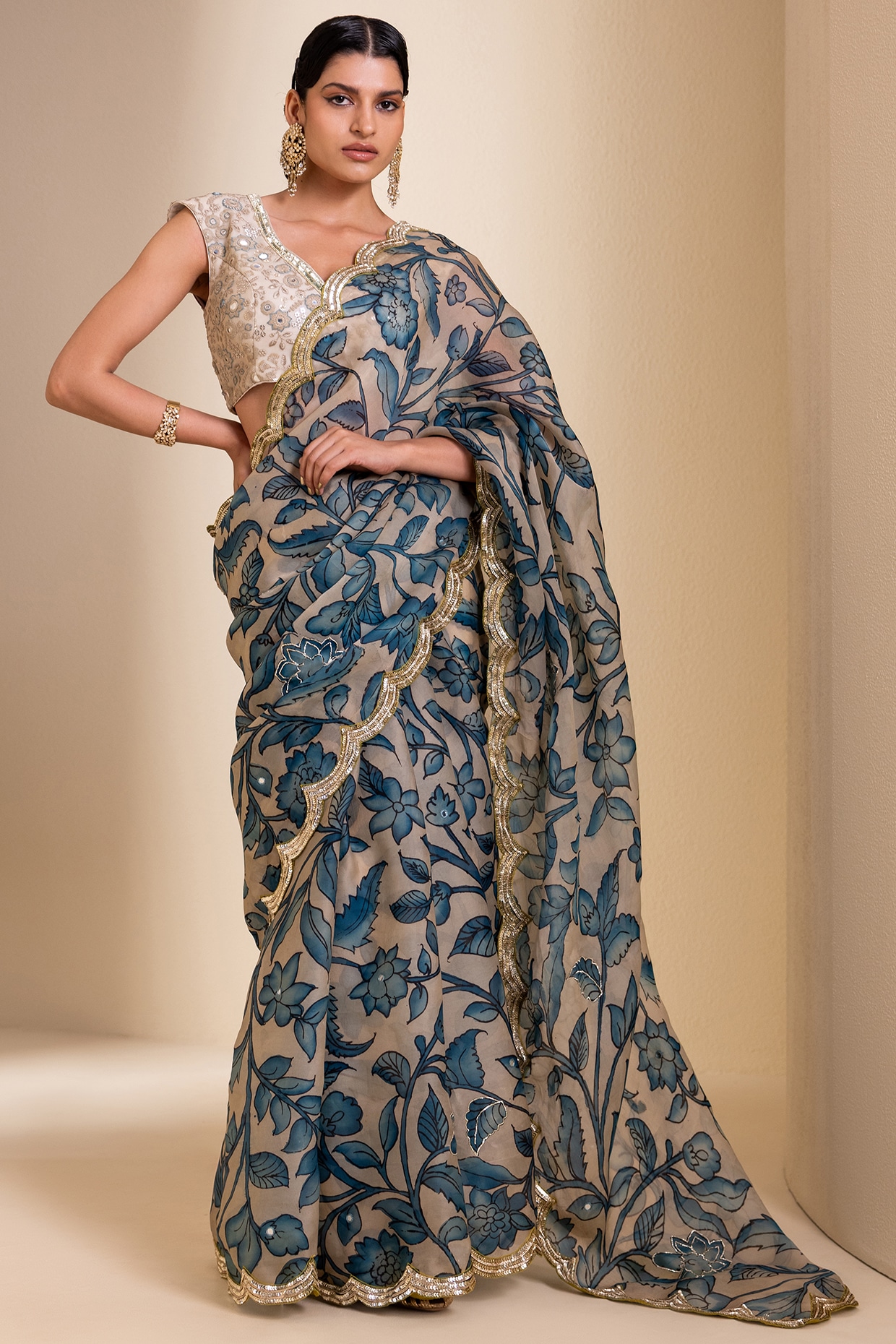 AAMRA BY LAVANYA Ivory Organza Floral Hand Painted Saree Set