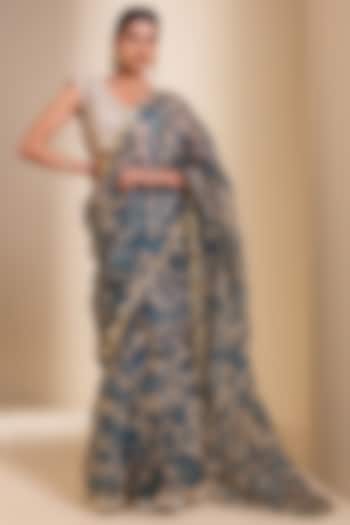 Ivory Organza Floral Hand Painted Reception Saree Set by AAMRA BY LAVANYA at Pernia's Pop Up Shop