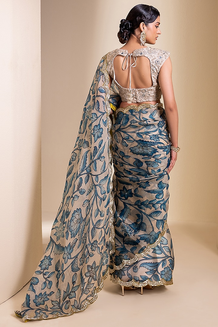 Ivory Organza Floral Hand Painted Reception Saree Set by AAMRA BY LAVANYA at Pernia's Pop Up Shop