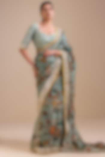 Ice Blue Organza Floral Hand Painted Reception Saree Set by AAMRA BY LAVANYA at Pernia's Pop Up Shop
