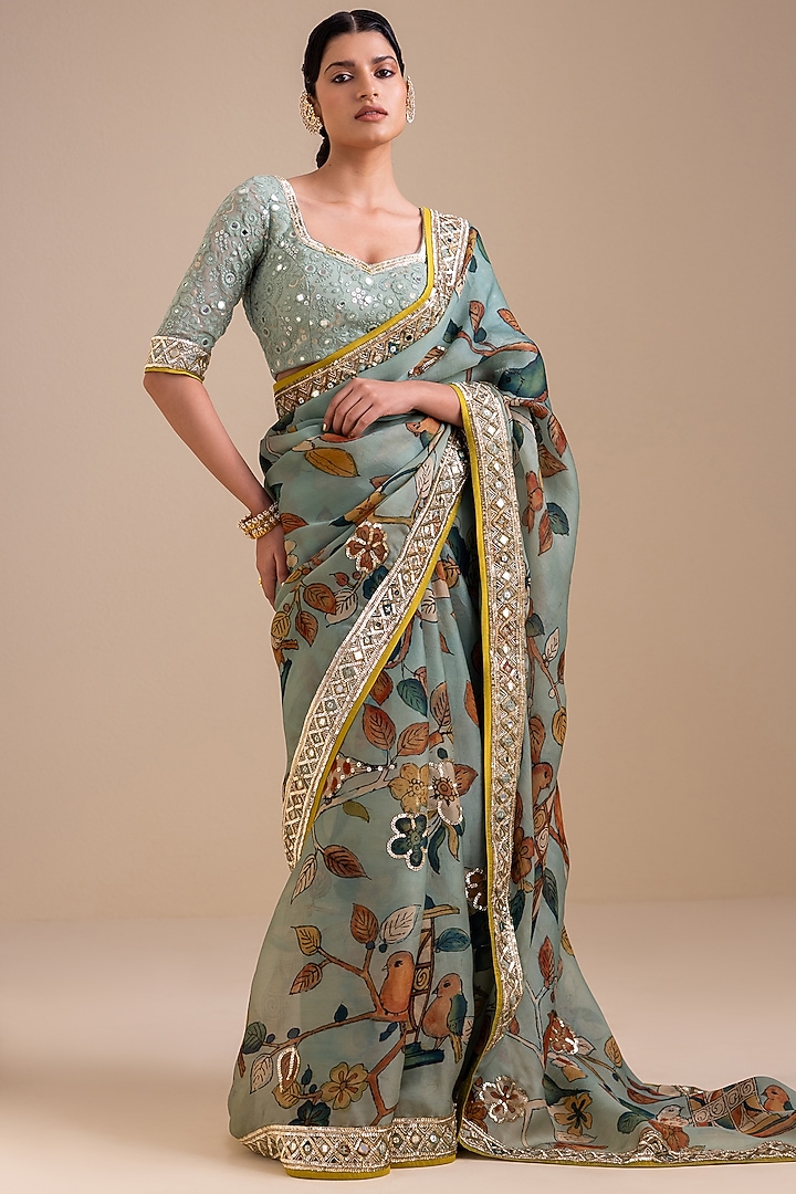 Ice Blue Organza Floral Hand Painted Reception Saree Set by AAMRA BY LAVANYA at Pernia's Pop Up Shop