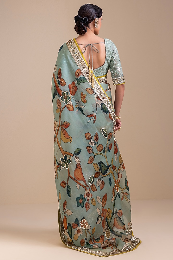Ice Blue Organza Floral Hand Painted Reception Saree Set by AAMRA BY LAVANYA at Pernia's Pop Up Shop