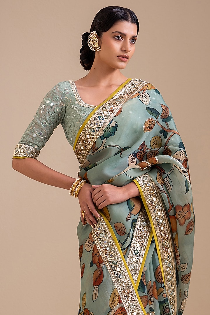Ice Blue Organza Floral Hand Painted Reception Saree Set by AAMRA BY LAVANYA at Pernia's Pop Up Shop