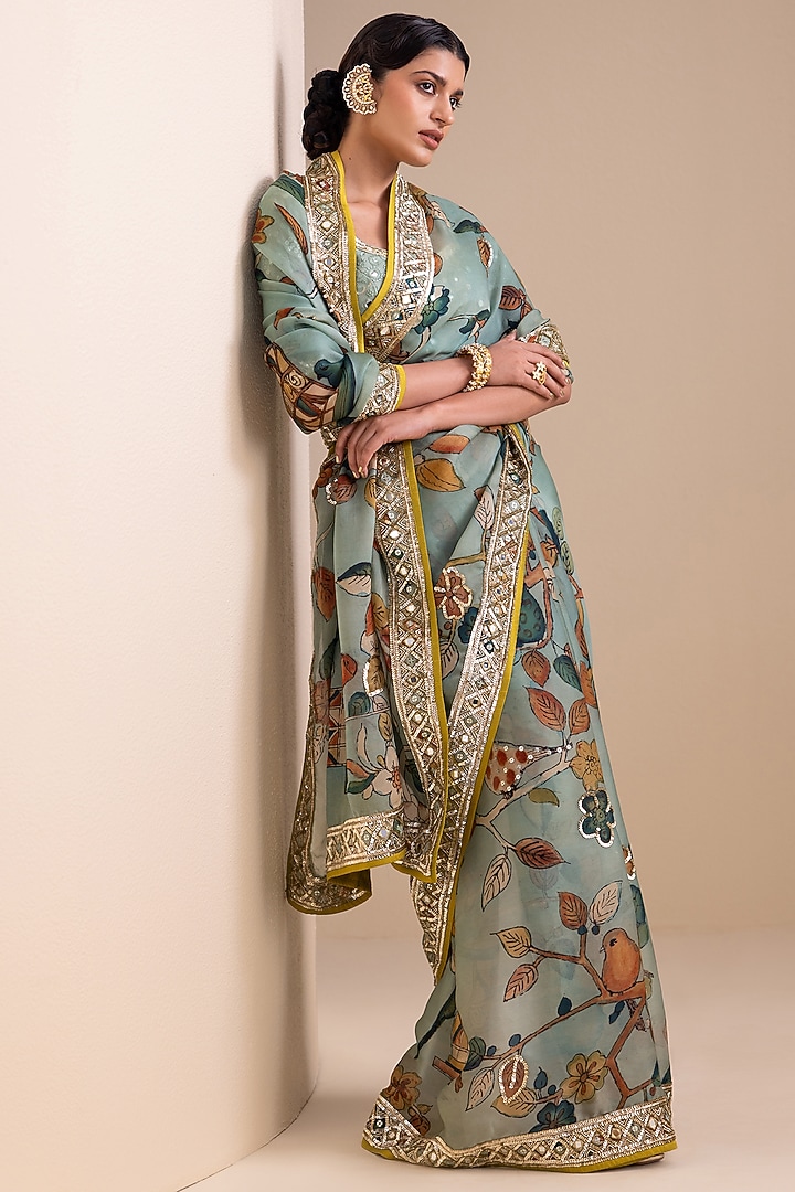 Ice Blue Organza Floral Hand Painted Reception Saree Set by AAMRA BY LAVANYA at Pernia's Pop Up Shop