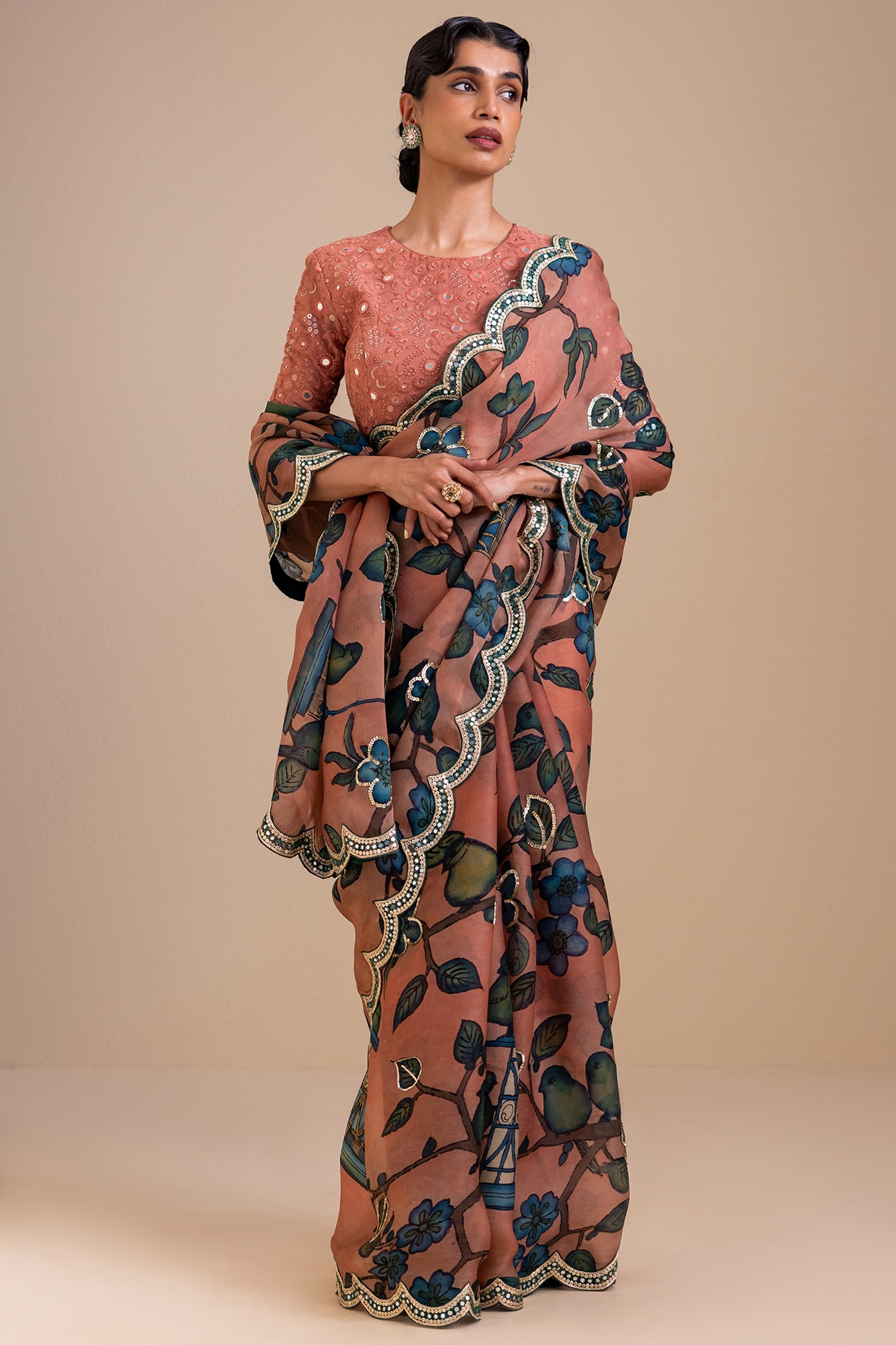 AAMRA BY LAVANYA Sandrose Pink Organza Kalamkari Hand Painted Saree Set