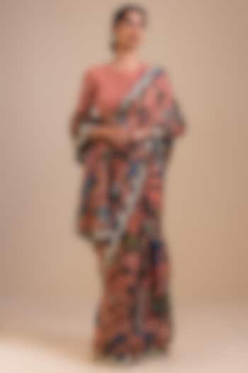 Sandrose Pink Organza Kalamkari Hand Painted Reception Saree Set by AAMRA BY LAVANYA at Pernia's Pop Up Shop