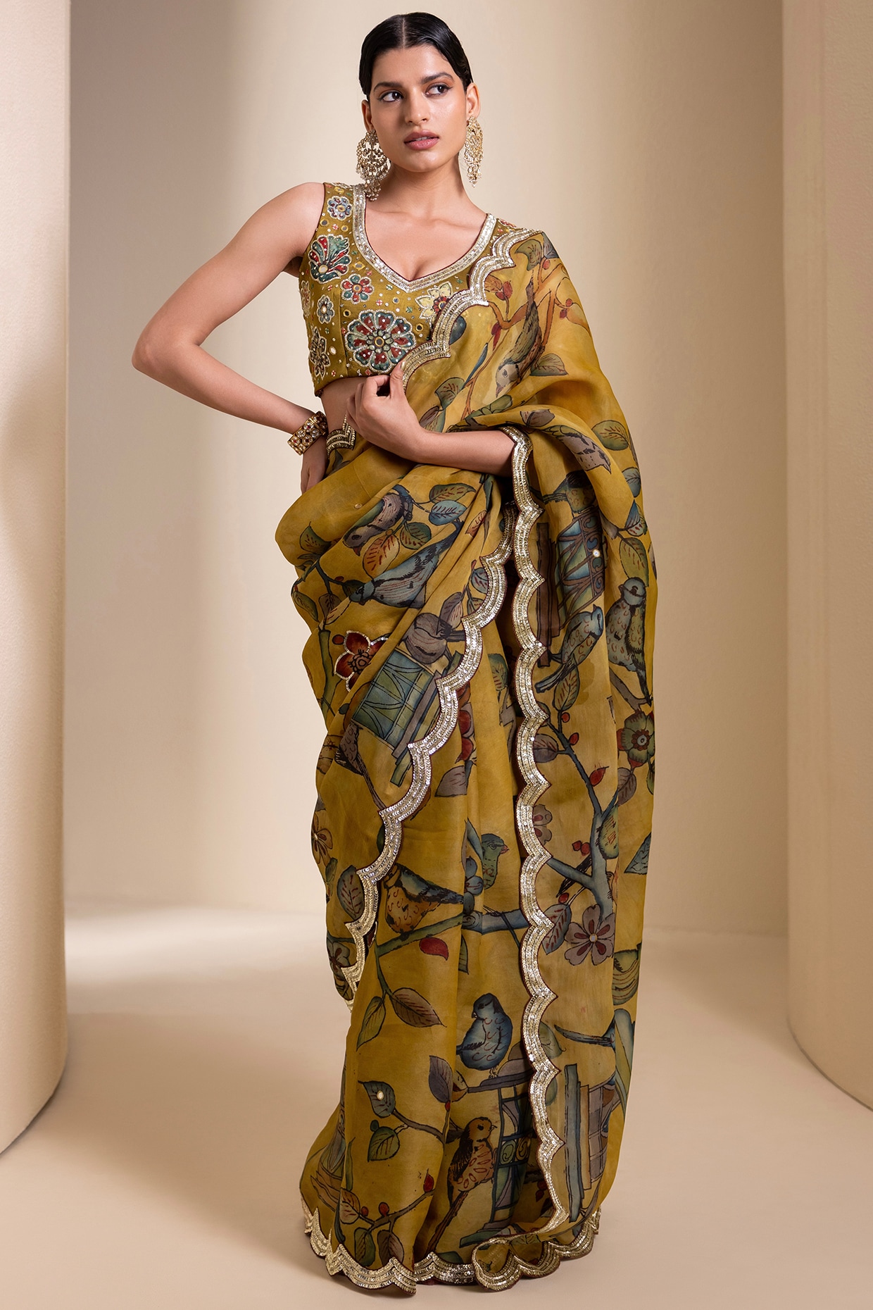 AAMRA BY LAVANYA Ochre Yellow Organza Kalamkari Hand Painted Saree Set