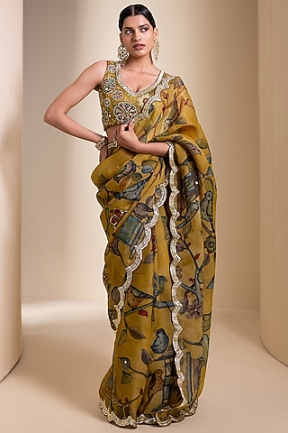 Ochre Yellow Organza Kalamkari Hand Painted Saree Set by AAMRA BY LAVANYA