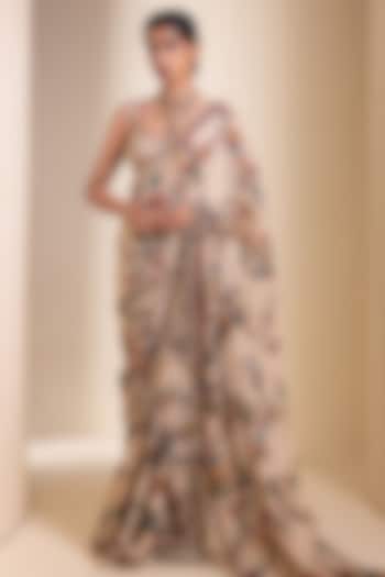 Ivory Georgette Kalamkari Hand Painted Wedding Saree Set by AAMRA BY LAVANYA at Pernia's Pop Up Shop
