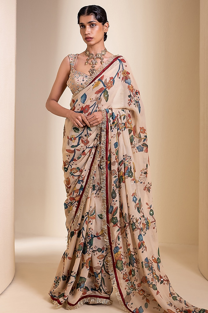 Ivory Georgette Kalamkari Hand Painted Wedding Saree Set by AAMRA BY LAVANYA at Pernia's Pop Up Shop
