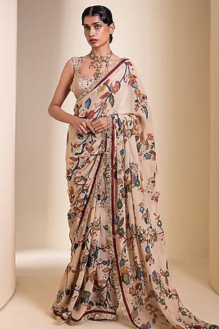 Ivory Georgette Kalamkari Hand Painted Saree Set by AAMRA BY LAVANYA