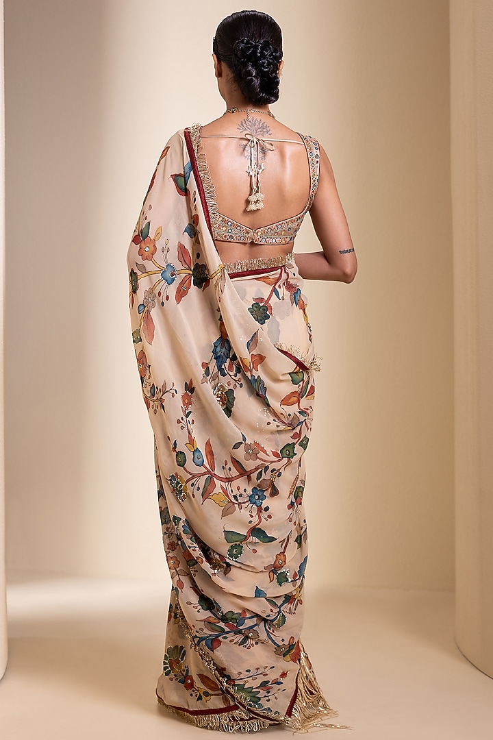 Ivory Georgette Kalamkari Hand Painted Wedding Saree Set by AAMRA BY LAVANYA at Pernia's Pop Up Shop