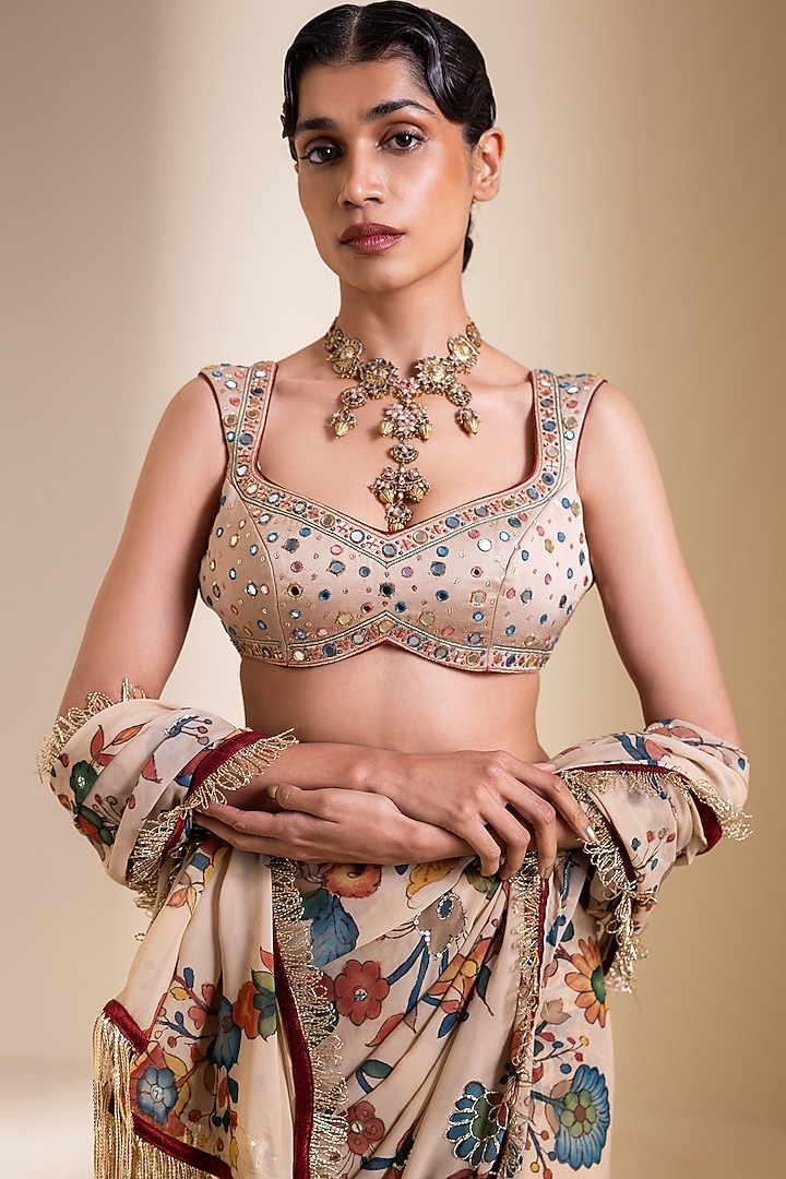 Ivory Georgette Kalamkari Hand Painted Wedding Saree Set by AAMRA BY LAVANYA at Pernia's Pop Up Shop