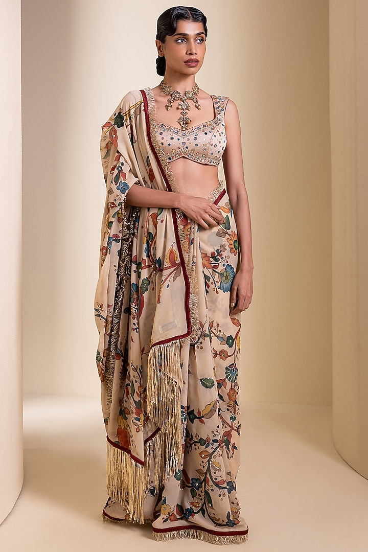 Ivory Georgette Kalamkari Hand Painted Wedding Saree Set by AAMRA BY LAVANYA at Pernia's Pop Up Shop