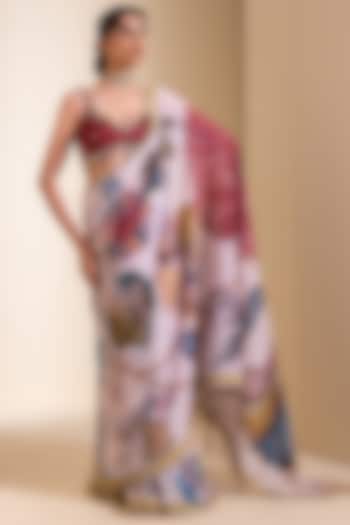 Ivory Georgette Floral Hand Painted Wedding Saree Set by AAMRA BY LAVANYA at Pernia's Pop Up Shop