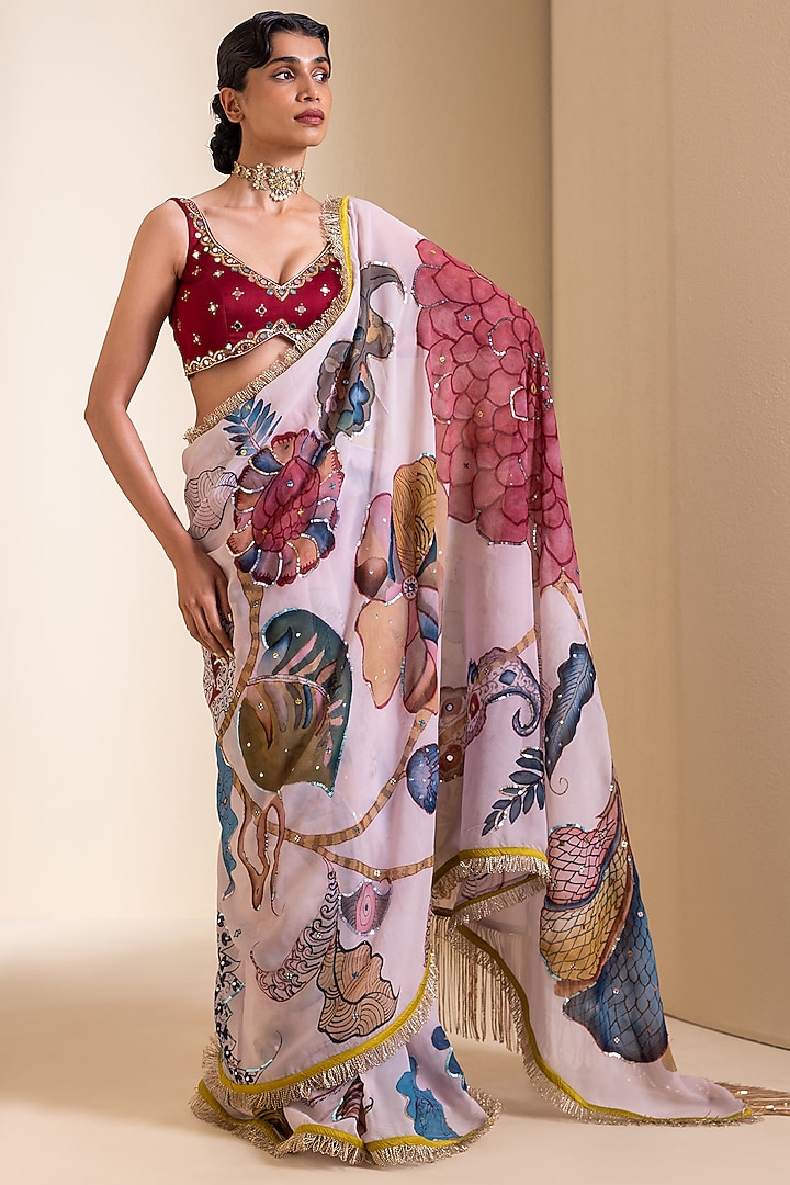 Ivory Georgette Floral Hand Painted Wedding Saree Set by AAMRA BY LAVANYA at Pernia's Pop Up Shop