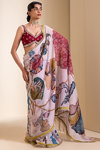 Ivory Georgette Floral Hand Painted Saree Set by AAMRA BY LAVANYA