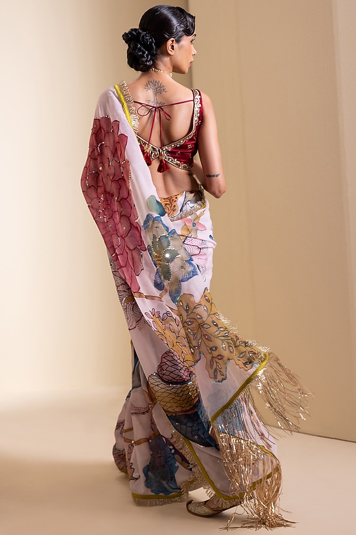 Ivory Georgette Floral Hand Painted Wedding Saree Set by AAMRA BY LAVANYA at Pernia's Pop Up Shop