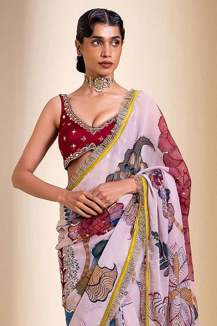 Ivory Georgette Floral Hand Painted Wedding Saree Set by AAMRA BY LAVANYA at Pernia's Pop Up Shop