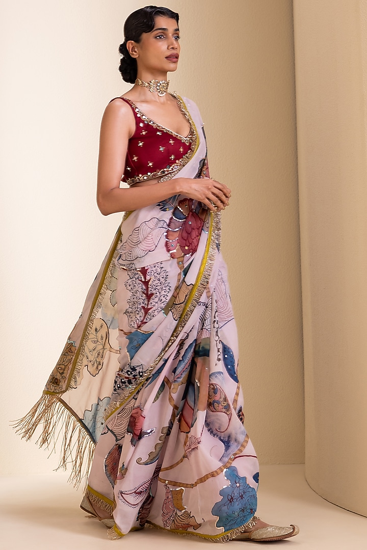 Ivory Georgette Floral Hand Painted Wedding Saree Set by AAMRA BY LAVANYA at Pernia's Pop Up Shop