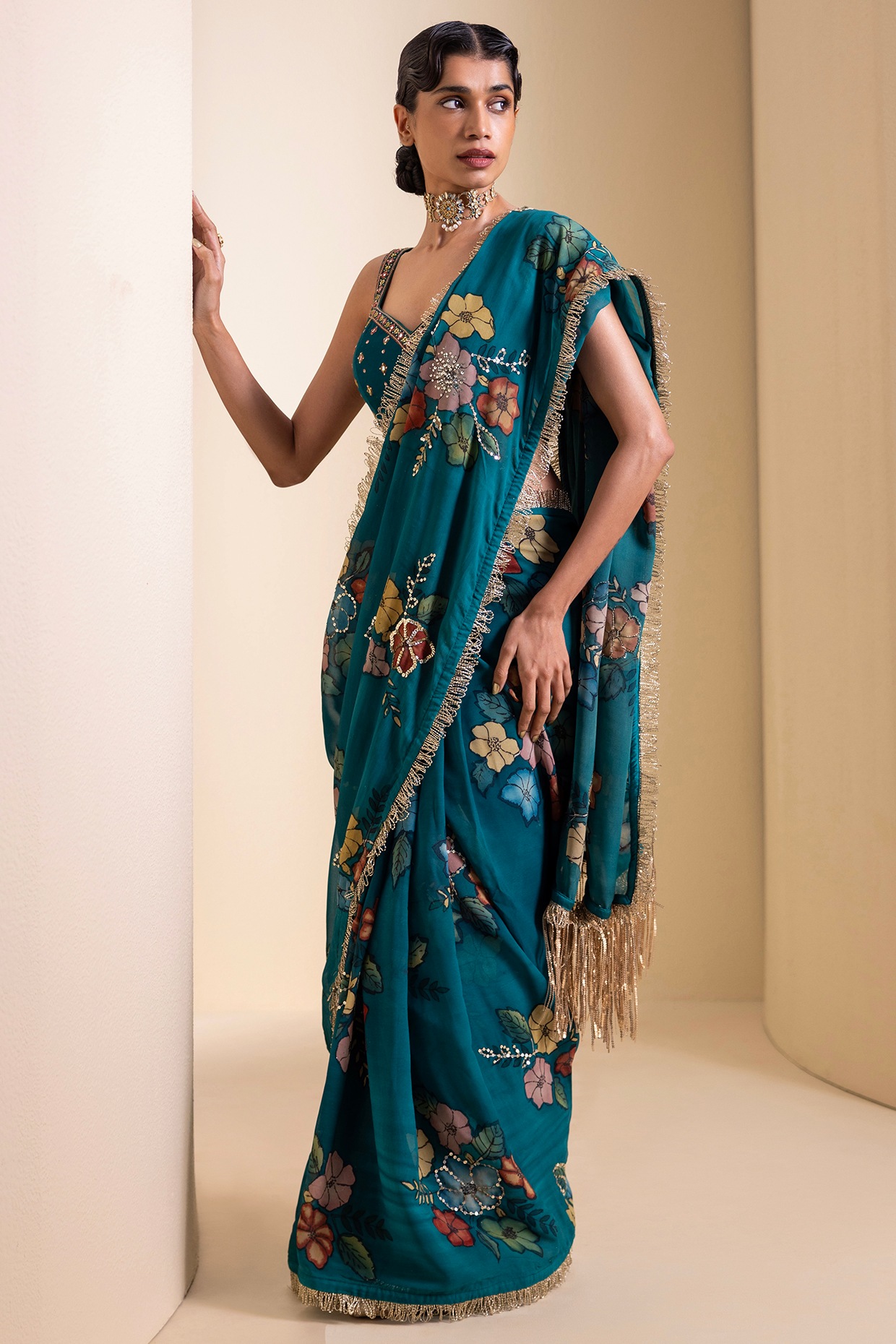 AAMRA BY LAVANYA Teal Blue Georgette Floral Hand Painted Saree Set