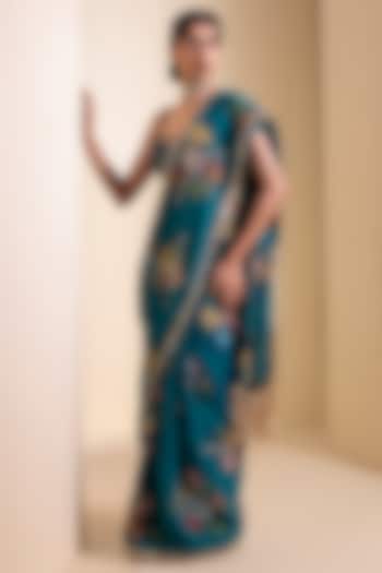 Teal Blue Georgette Floral Hand Painted Wedding Saree Set by AAMRA BY LAVANYA at Pernia's Pop Up Shop