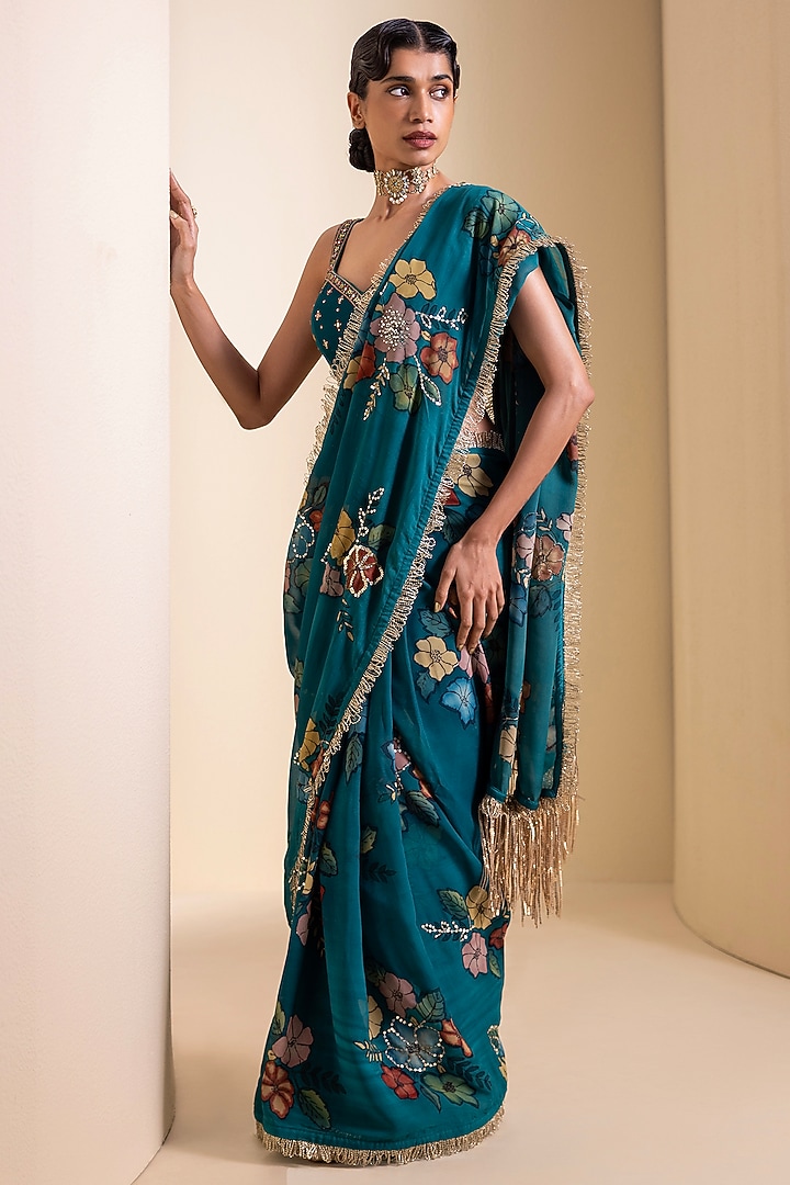 Teal Blue Georgette Floral Hand Painted Wedding Saree Set by AAMRA BY LAVANYA at Pernia's Pop Up Shop