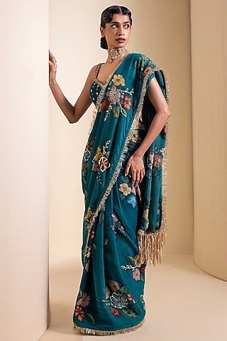 Teal Blue Georgette Floral Hand Painted Saree Set by AAMRA BY LAVANYA