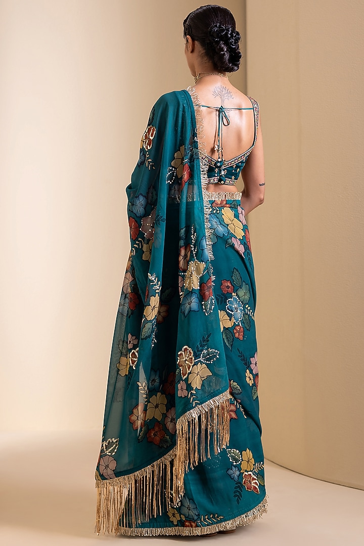 Teal Blue Georgette Floral Hand Painted Wedding Saree Set by AAMRA BY LAVANYA at Pernia's Pop Up Shop