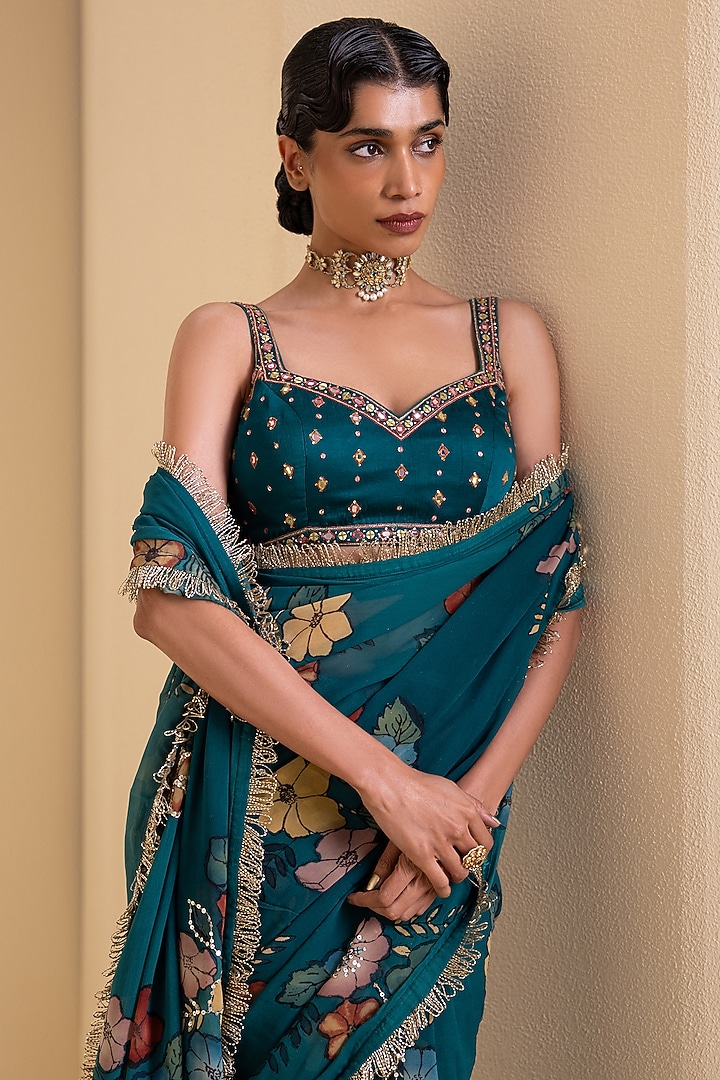 Teal Blue Georgette Floral Hand Painted Wedding Saree Set by AAMRA BY LAVANYA at Pernia's Pop Up Shop