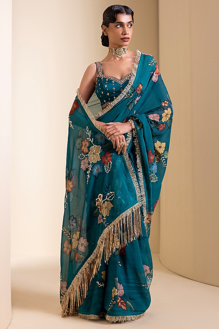 Teal Blue Georgette Floral Hand Painted Wedding Saree Set by AAMRA BY LAVANYA at Pernia's Pop Up Shop