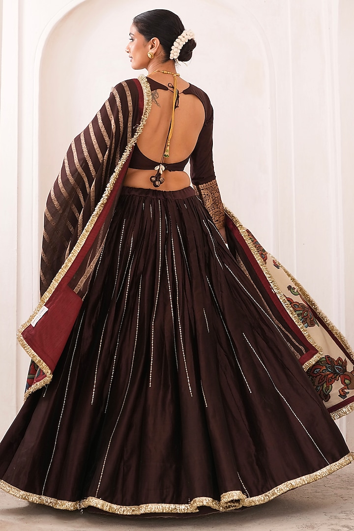 Brown Silk & Chanderi Silk Embroidered Wedding Lehenga Set by AAMRA BY LAVANYA at Pernia's Pop Up Shop