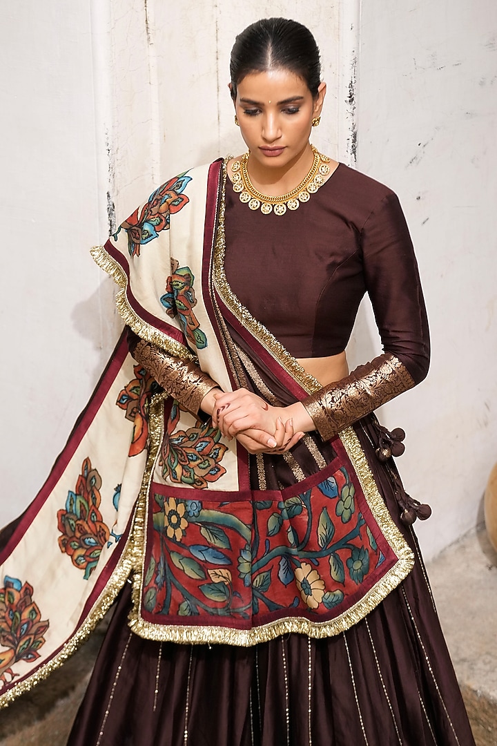 Brown Silk & Chanderi Silk Embroidered Wedding Lehenga Set by AAMRA BY LAVANYA at Pernia's Pop Up Shop