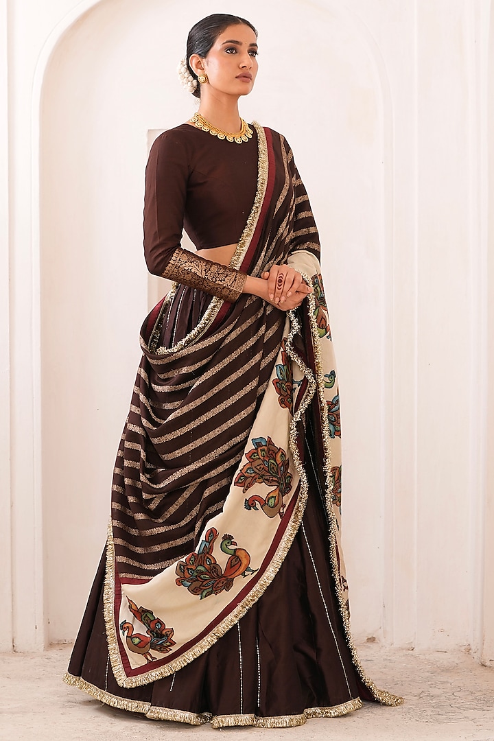 Brown Silk & Chanderi Silk Embroidered Wedding Lehenga Set by AAMRA BY LAVANYA at Pernia's Pop Up Shop