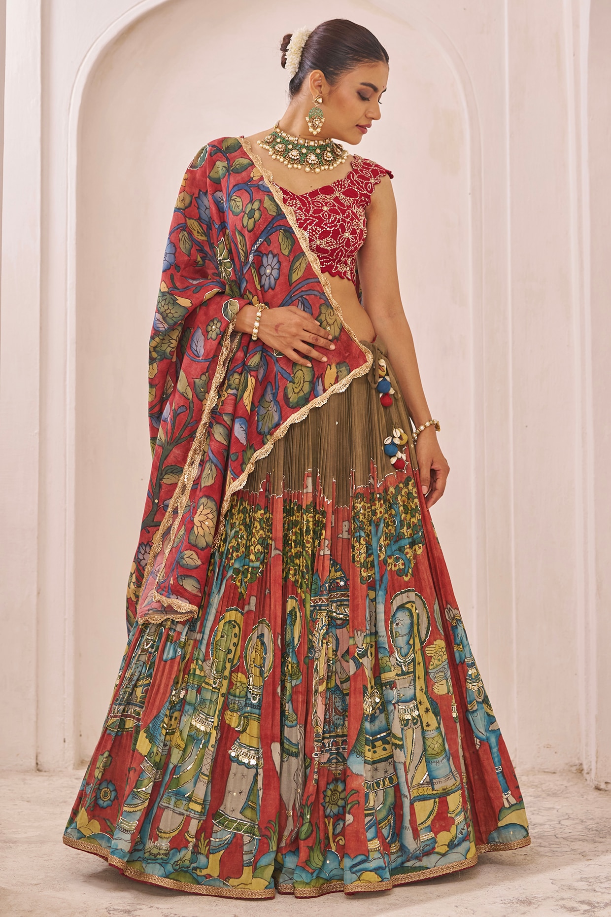 AAMRA BY LAVANYA Multi-Colored Silk Kalamkari Hand Painted Lehenga Set